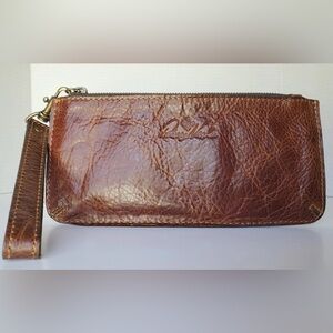 Patricia Nash Distressed Brown Cognac Leather Zip Top Wristlet Clutch EUC